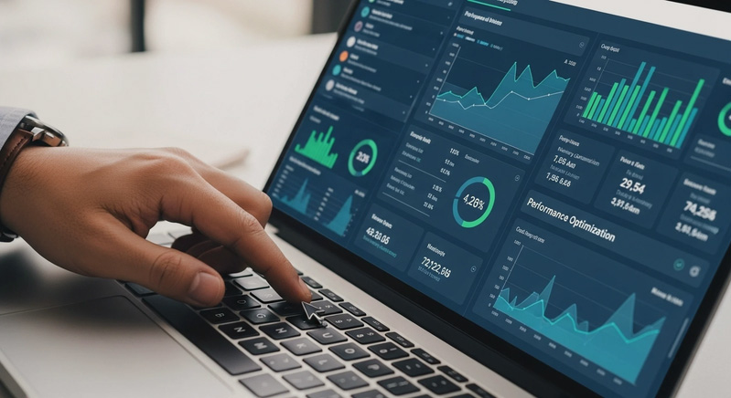 Hand using a laptop displaying business analytics dashboards and performance charts.