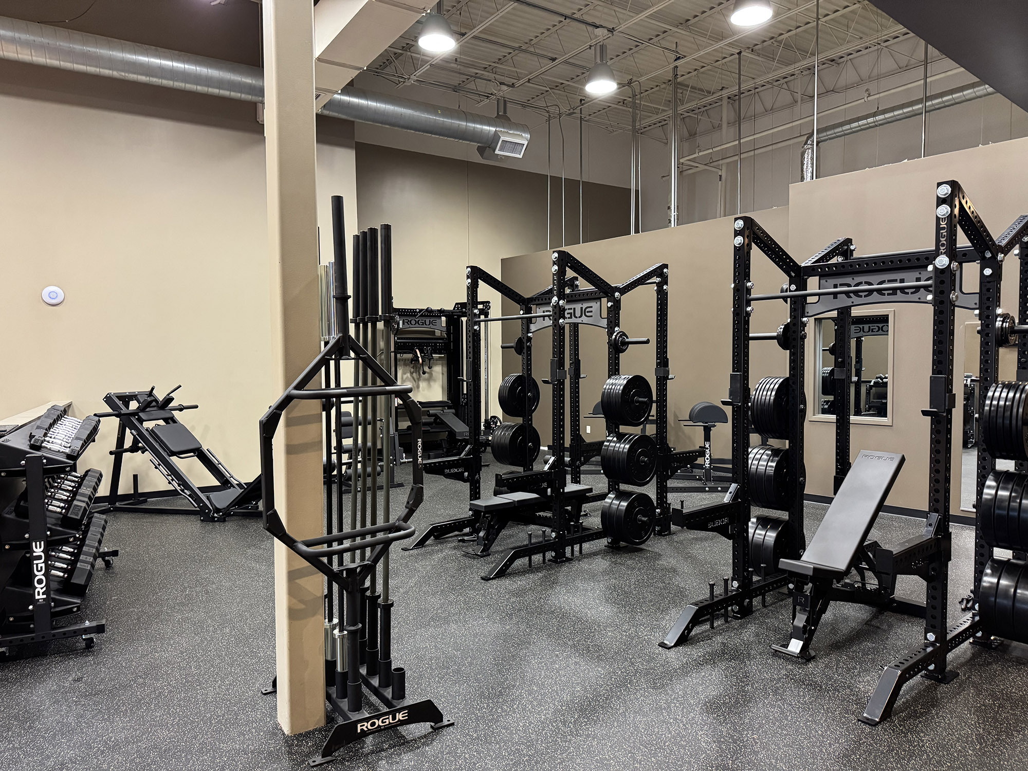 Strength-training area with squat racks, barbells, weight plates, benches, and dumbbells.